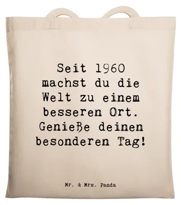 Produktbild von Mr. & Mrs. Panda Jutebeutel Spruch 1960 Geburtstag - Weiß - Geschenk, Tasche, Glückwunsch, Geburtsjahr, Tote Bag, Schultasche, Geburtstagsgeschenk, handgefertigt, Feier