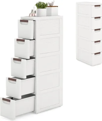 A white five-drawer cabinet with brown handles is shown against a white background. The cabinet is tall and narrow, with the drawers progressively pulled out.