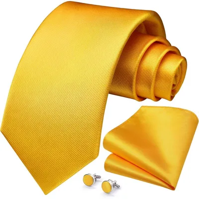 Image de Ensemble cravate et mouchoir de poche pour hommes, couleur jaune