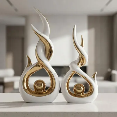 Produktbild von Set aus 2 modernen Keramikskulpturen in Weiß und Gold, dekorative Figuren für Wohnzimmer und Tischdekoration