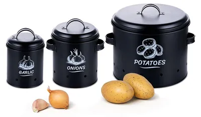 Immagine prodotto di Barattolo per conservazione - Pezzi 3 - Per patate, cipolle e aglio - Con coperchio - Nero