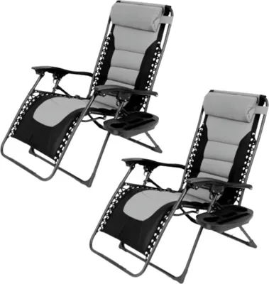 Produktbild von Gepolsterter Zero-Gravity-Loungesessel– 2er Set – Verstellbarer Tuinstuhl – Ligbed – Opvouwbare Sessel mit Kopfstütze und Getränkehalter – Für Terrasse und Garten – Schwarz