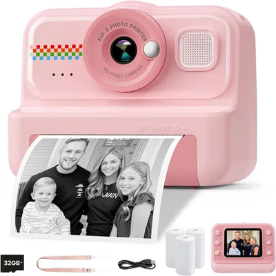 Produktbild von Kinderkamera Sofortbildkamera 1080P für Kinder, 32GB Karte, 3 Rollen Druckpapier, Videos & Fotos, lustiges Spielzeug Geschenk für 3-12 Jahre