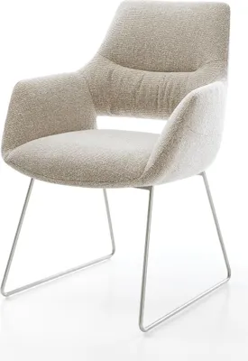 Produktbild von DELIFE Esszimmerstuhl Yago-Flex mit Armlehnen Webstoff Soft Beige Kufengestell Edelstahl Taschenfederkern