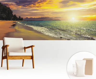 Obrázok produktu pre Samolepiaca fototapeta – 250 x 104 cm – tapeta – nástenná tapeta – nástenné obrazy – samolepiaca fólia – dekoratívna fólia – tapetová fólia – stena – dekorácia – obývacia izba – pláž pri západe slnka