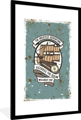 Produktbild von MuchoWow® MuchoWow® Gerahmtes Poster Boot - Kompass - Retro - Illustration 60x90 cm - Poster mit zchwarzem Bilderrahmen - Dekoration - Wandposter Wohnzimmer - Hochwertig