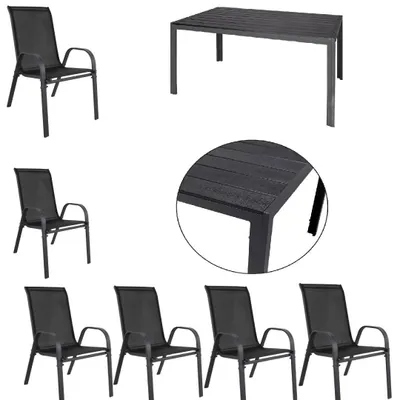 Produktbild von Gartenmöbel Set Alu Tisch 7-tlg. 6x Stapelsessel Gartenset Sitzgruppe Essgruppe schwarz
