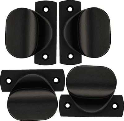 Four black door knobs with mounting plates are arranged in a grid on a white background.