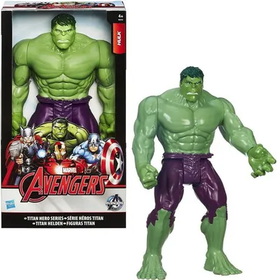 A product shot of a Hulk action figure in its packaging, with the figure also shown outside the box.