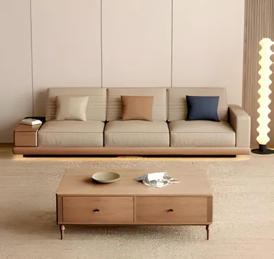 Immagine prodotto di Divano beige a 3 posti, moderno, con tavolino in legno, set da salotto 2 pezzi