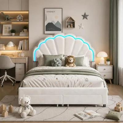Produktbild von INONEFT Kinderbett 140x200 cm mit LED Beleuchtung, Mädchen Polsterbett mit 2 Schubladen und Lattenrost, Blütenblattform Einzelbetten, Samt, Weiß, KI-generiertes Bild