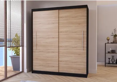 A sliding door wardrobe is shown in a room with blinds and a plant visible through a window.