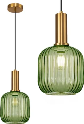 Two pendant lights with green glass shades and gold metal accents are shown against a white background. One light is shown from a distance, hanging from a cord, while the other is a close-up view.