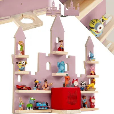 A pink castle-shaped shelf unit filled with various small toys and figurines.