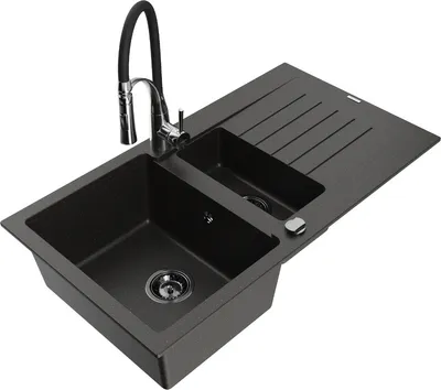 Produktbild von Mexen Matias 1,5-Becken-Granitspüle mit Abtropffläche und Mischbatterie Aster, Schwarz/Gold metallisch - 6502-75-73450-07-B