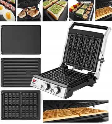 A collage of images showing a multi-functional grill with various cooking plates and food items being prepared.