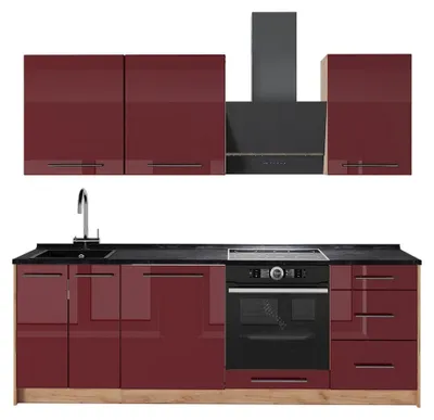 Obrázek produktu pro Kuchyňský kout Vicco Fame-Line Bordó červená vysoký lesk/Zlatý mocný dub 230 cm bez pracovní desky, Model 63996