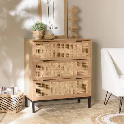 Image de MARCEAU - Commode en bois 3 tiroirs cannage naturel pieds métal noir
