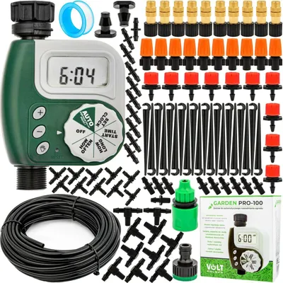 A collection of items for an automatic garden watering system, including a timer, tubing, connectors, and emitters, laid out on a white background.