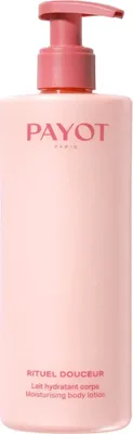 A product shot of a pink pump bottle of body lotion.
