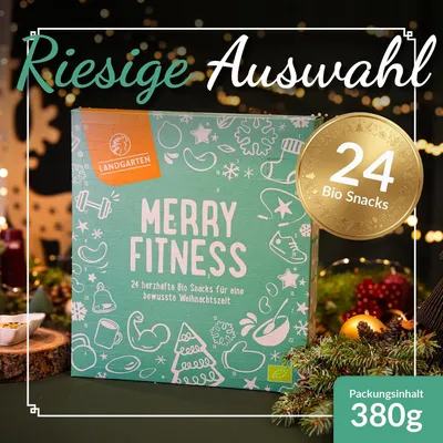 Produktbild von Landgarten Merry Fitness Adventskalender 2026 mit 24 herzhaften Bio-Snacks