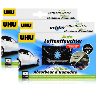Three packages of UHU Auto Luftentfeuchter are stacked on a white background.