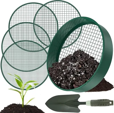Produktbild von 4-in-1 Gartensieb Set Ø30cm – Edelstahl Kompostsieb mit 4 austauschbaren Siebeinsätzen & Schaufel