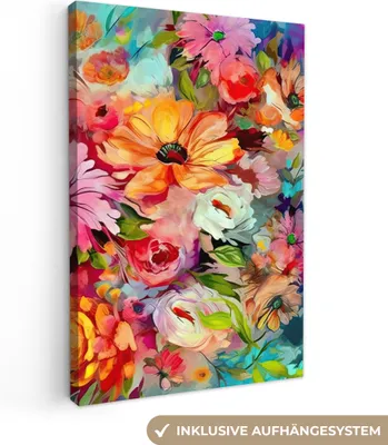 Produktbild von MuchoWow® - Leinwandbilder - Blumen - Farbenfroh - Kunst - Ölgemälde, Wandbild, Wanddeko Bilder Wohnzimmer, 80x120 cm