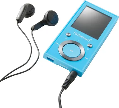 A blue MP3 player with black earbuds connected.