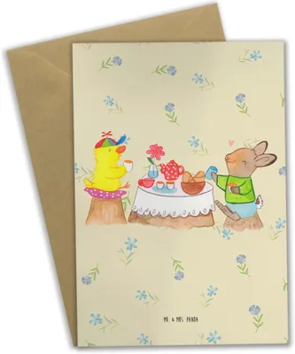 Produktbild von Mr. & Mrs. Panda Grußkarte Ostern Frühstück - Blumig - Geschenk, osterkarte, Hase, Frühling, Grußkarten, einladungskarten, Klappkarte, Picknick, weihnachtskarten