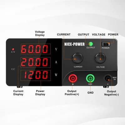 Obrázok produktu pre Laboratórny zdroj napájania DC, 60V, 20A, nastaviteľný, 600W, s LED displejom