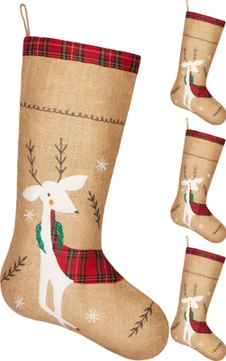Produktbild von BRUBAKER 52 cm Weihnachtsstrumpf zum Befüllen und Aufhängen - Festliches Rentier - großer Nikolausstrumpf, 4 Stück