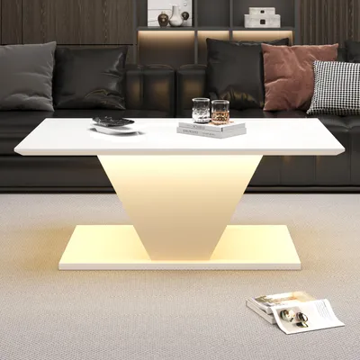 Produktbild von MODFU Couchtisch Sonderform Beistelltisch mit LED-Beleuchtung, Hochglanzoberfläche und V-förmigem Design, Sofatisch Wohnzimmertisch, Weiß