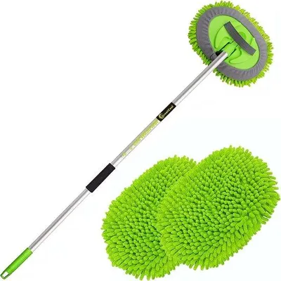 Image de Brosse de lavage auto en microfibres télescopique 2-en-1, 157 cm, avec rotation à 180° et 2 têtes