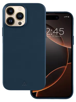 A dark blue iPhone case is shown next to an iPhone displaying the time.