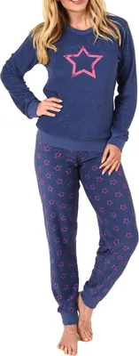 Produktbild von Damen Frottee Pyjama langarm Schlafanzug mit Bündchen und Sterne Optik - 291 201 13 942 ; blau , 44