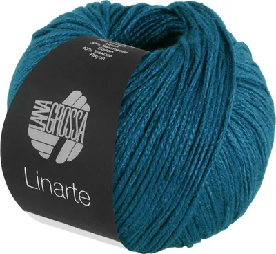 A ball of teal yarn with a black label.