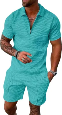 Produktbild von ASKSA Herren Sommer Trainingsanzug Polo Hemd Set Kurzarm T-Shirts und Shorts Outfit Freizeitanzug, Hellgruen, Groesse: L