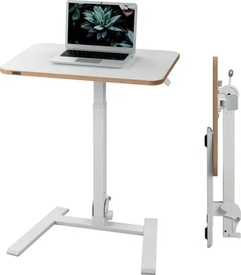 A white adjustable sit-stand workstation with a laptop on it, shown from the front and side.