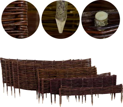 A collage of images showing details of a woven fence and multiple woven fences of varying sizes.