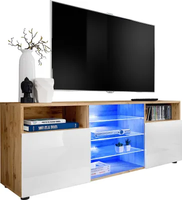 Produktbild von Komodee | TV-Schrank mit 3 Glasböden und 2 Türen Urbino, Korpus Wotan Matt Frontfarbe Weiß Hochglanz