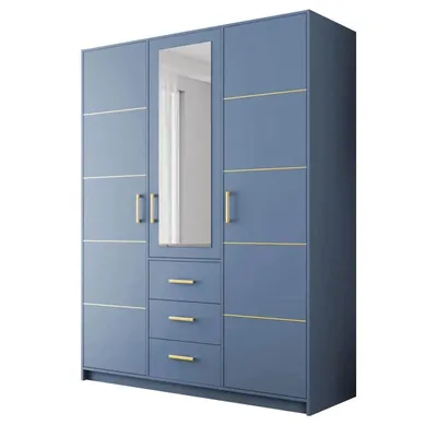 Produktbild von Drehtürenschrank BALI D3 - 150 cm Kleiderschrank mit 3 Türen, Spiegel und 3 Schubladen, Blau