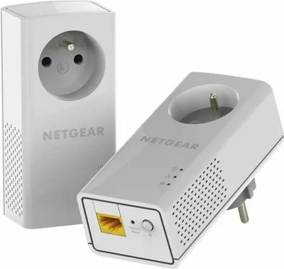 Two white Netgear powerline adapters are shown against a white background. One is upright, and the other is angled.