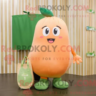 Obrázok produktu pre Maskot spoločnosti REDBROKOLY, ktorý má podobu broskyňovej cukety, je oblečený v sukni a kabelke