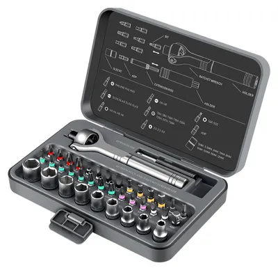 Produktbild von 40-in-1 Ratschenschraubendreher Set CRV | 60 Zähne 180° Kugelkopf | 27 Bits 9 Steckschlüssel | Magnetisch | Heim & Profi