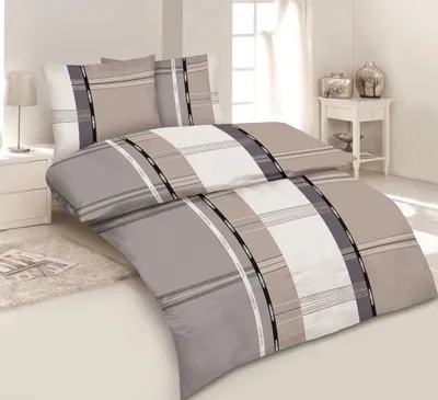 Produktbild von 4-tlg Mikrofaser Bettwäsche Set Bettgarnitur Bettbezug 135x200 Kissenbezug 80x80 Modern Karo Gestreift NEU Taupe Grau