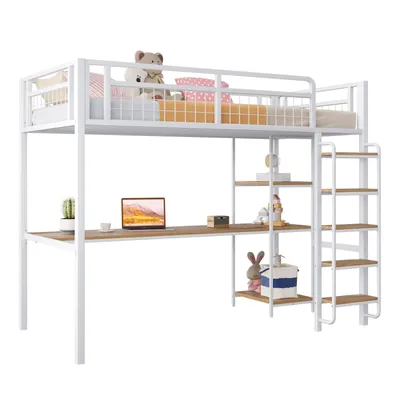 Produktbild von Metall-Hochbett, 90*200 cm, Sicherheitsleiter mit Treppenstufen, Einzelbett, Kinderbett mit Tisch und Regalen, Metallgitter-Sicherheitszaun, Weiss