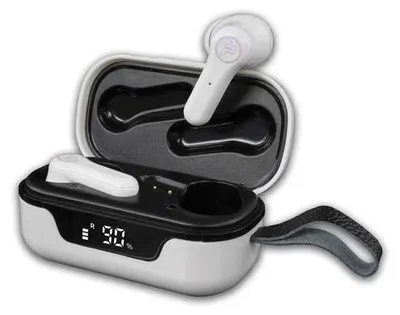 A pair of white wireless earbuds and their charging case are displayed against a white background.