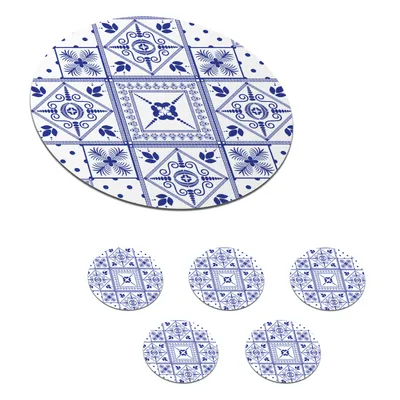 Obrázek produktu pro KitchenYeah® Skleněné podtácky Kulatá sada 6 dlaždic - vzor - Delft Blue 10x10 cm Podtácky na sklenice - Podtácky na nápoje - Chrániče stolů - Podtácky na šálky Stolní barové sklo