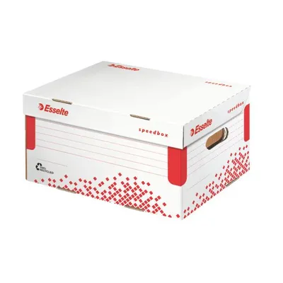 Image de Esselte Boîte d'archives à couvercle rabattable SPEEDBOX, DIN A4, blanc/rouge, pour format DIN A4+, en carton 100% recyclé, 100% recyclable